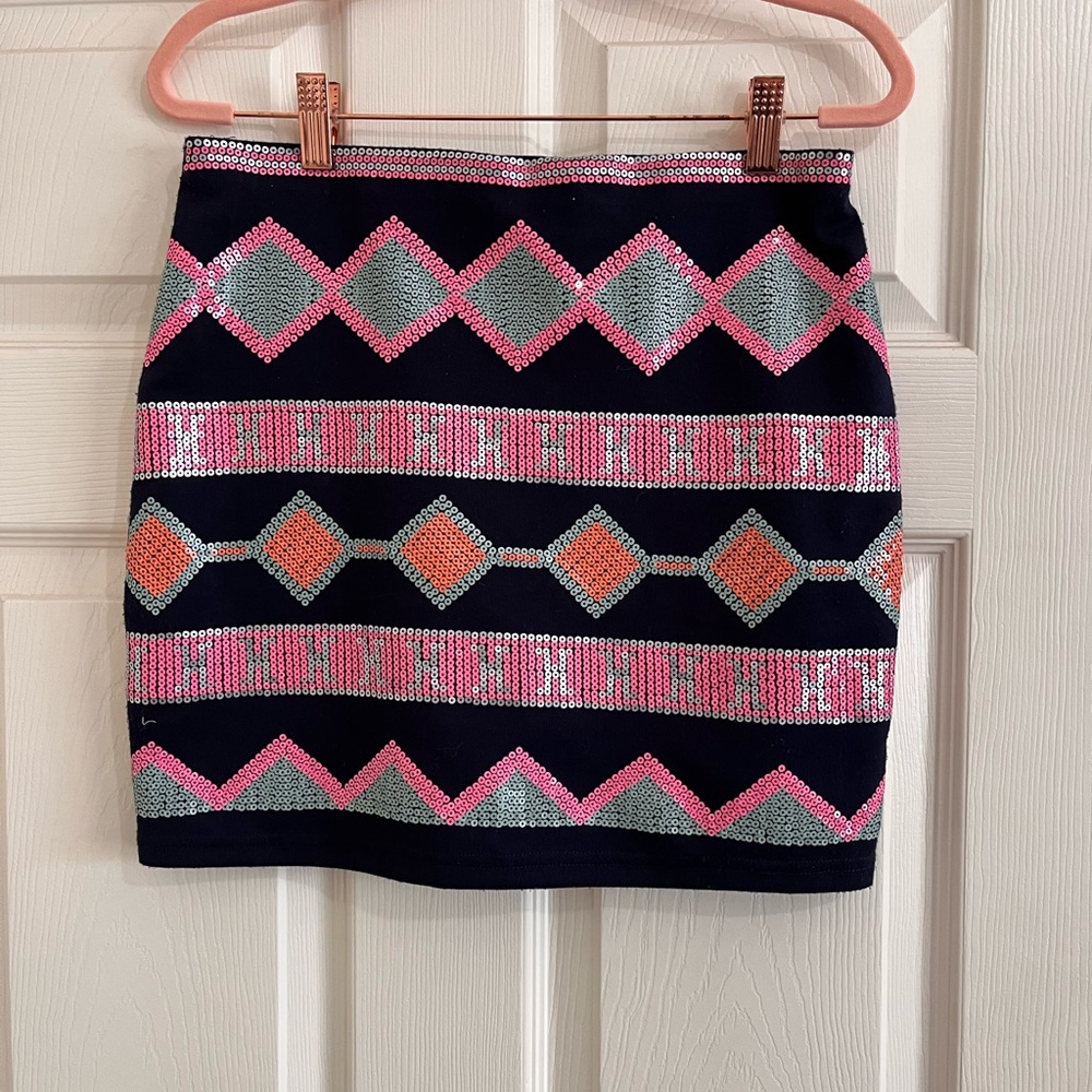 Blue Rain Pink and Blue Sequin Knit Mini Skirt sz M